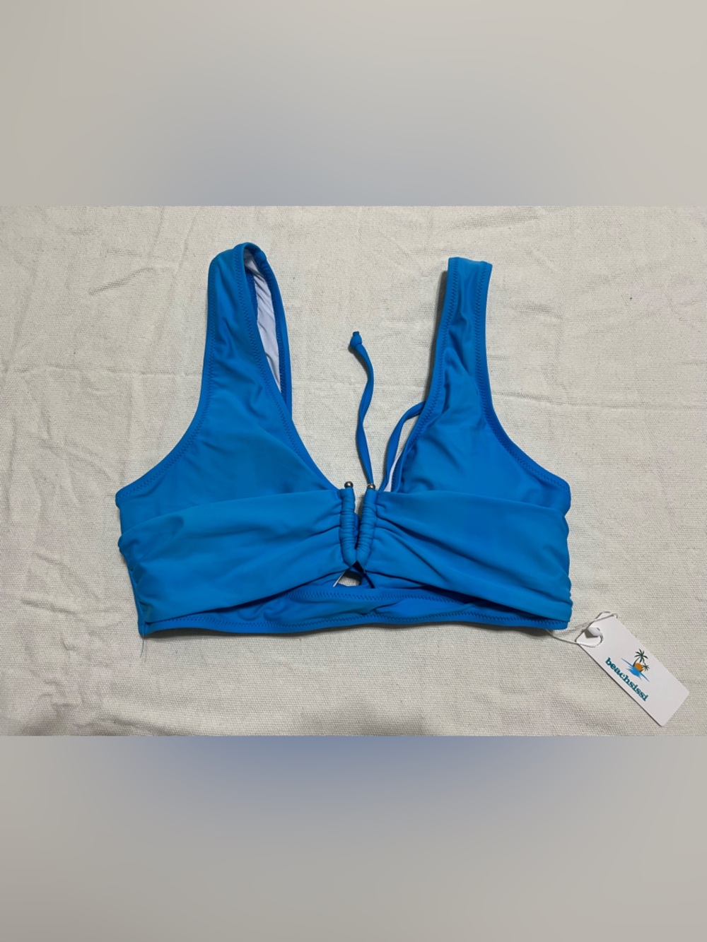 Beachsissi Bikini Top Womens M Blue Ruched Adjustable Tie Front Strap Swim NWT